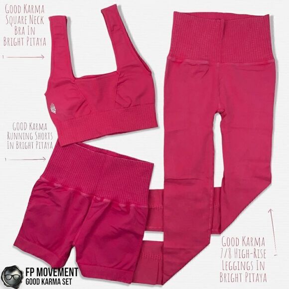 FP MOVEMENT GOOD KARMA SET: SQUARE NECK BRA + RUNNING SHORTS + LEGGINGS IN PINK - Picture 16 of 16